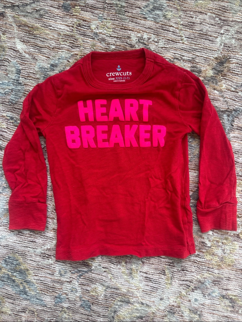 Crewcuts Red Long-Sleeve Tee with Pink HEART BREAKER Graphic - size XXS 2-3